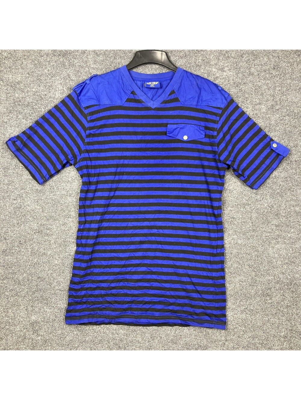 King Maker Mens 2XL Royal Blue & Black Stripe S/S 100% Cotton Shirt Vintage EUC